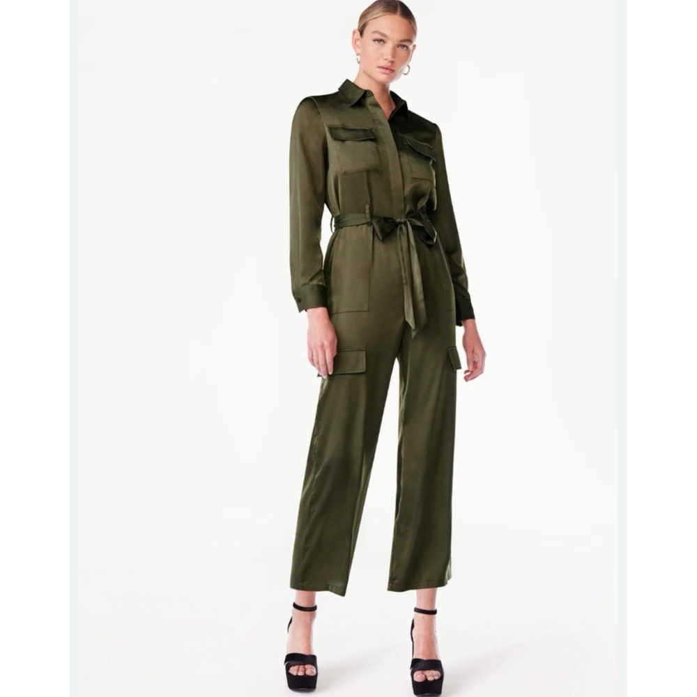 🆕 Green Satin Cargo Utility Jumpsuit Scoop NYC L 12 14 NWT New